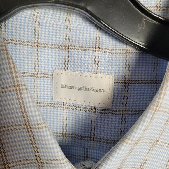 Ermenegildo Zegna Shirt Mens 17.5 44 Blue Check Plaid Regular Fit Office Career - Picture 4 of 13